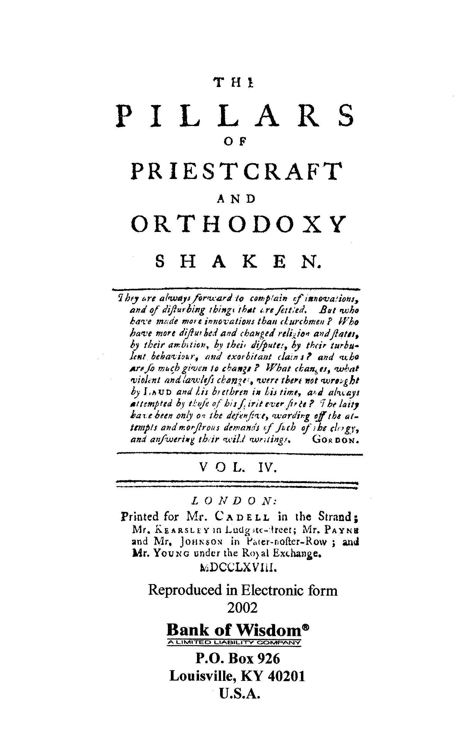 (image for) The Pillars of Priest Craft and Othodoxy Shaken, Vol. 4 of 4 Vol